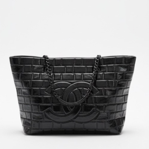Chanel Brick Chocolate Bar Quilted Frozen Tote Bag Large Black Vinyl Chain Strap - Picture 1 of 17
